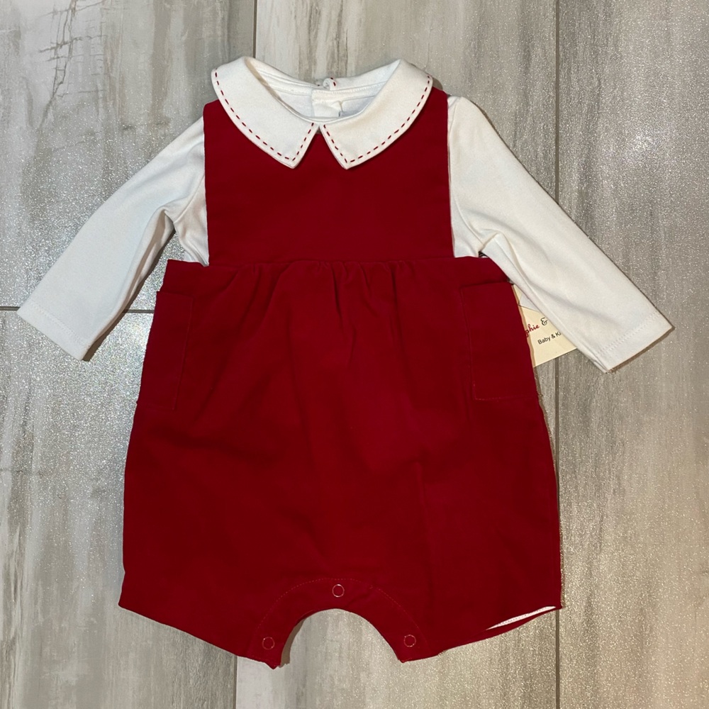 NWT Sophie & Lucas Red Velvet Shortall & White Embroidered Shirt Set boys 3M